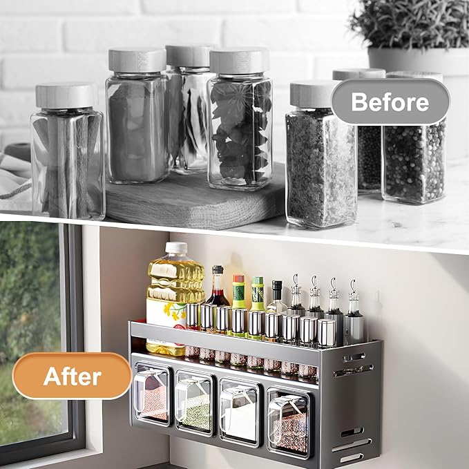 Kitchen Spice Rack, Kitchen Organizer and Storage Rack with 4 Spoons, Spice Organization for Cabinets Punch-free Wall/Countertop Home Decor Multifunctional Double Layer 4 Grid Condiment Rack, Gray