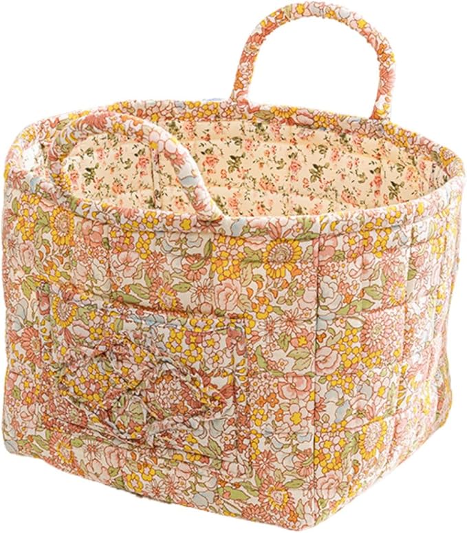 Quilted Fabric Storage Basket with Handles – Boho Foldable Floral Organizer Bin for Home, Picnic, Shopping, Travel 13"x11"x10" (Rose Cream)