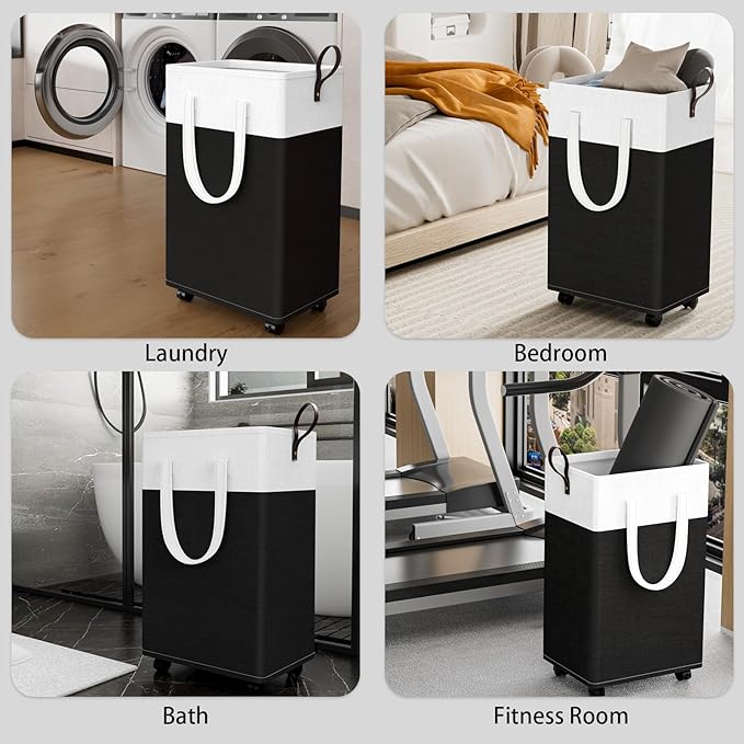 HomeHacks Laundry Basket with Wheels, Rolling Laundry Hamper, Collapsible & Waterproof Clothes Hamper, Narrow Corner Bins with Extended Handles for in the Family & Dorm 90L, Black