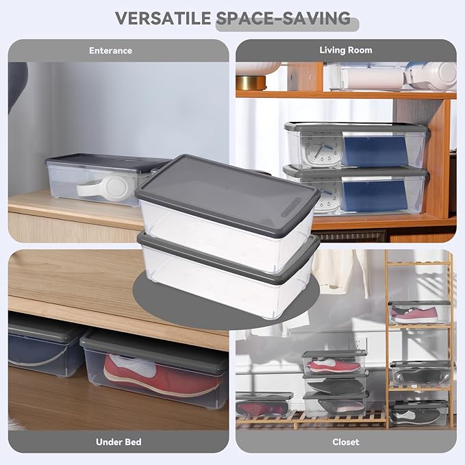 novelinks 6 Quart Clear Plastic Storage Bins with Lids Stackable Box Craft Storage Organizing Container,8 Pack (Gray)