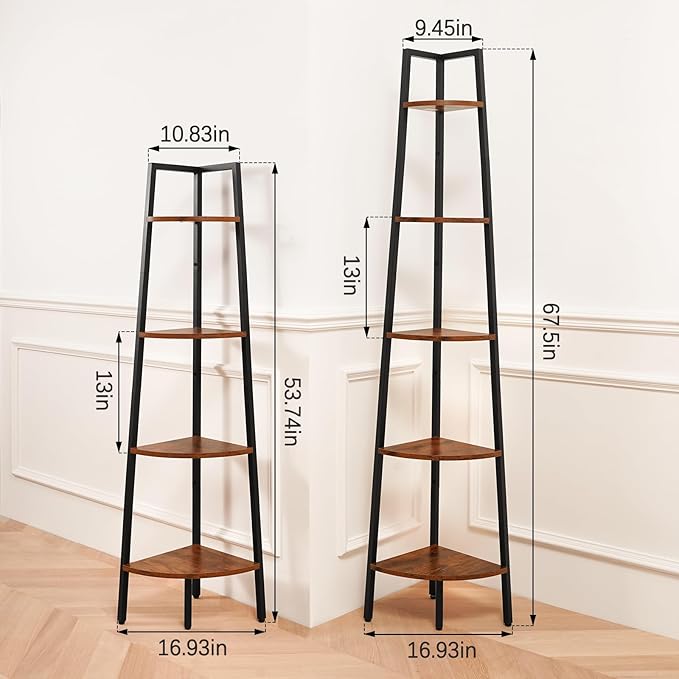 Yoobure Corner Shelf, 5-Tier Corner Bookshelf with Metal Frame & Wood Ladder Shelves - Display Shelf & Tall Bookcase, Plant Stand for Home Decor - Bedroom, Living Room, Office