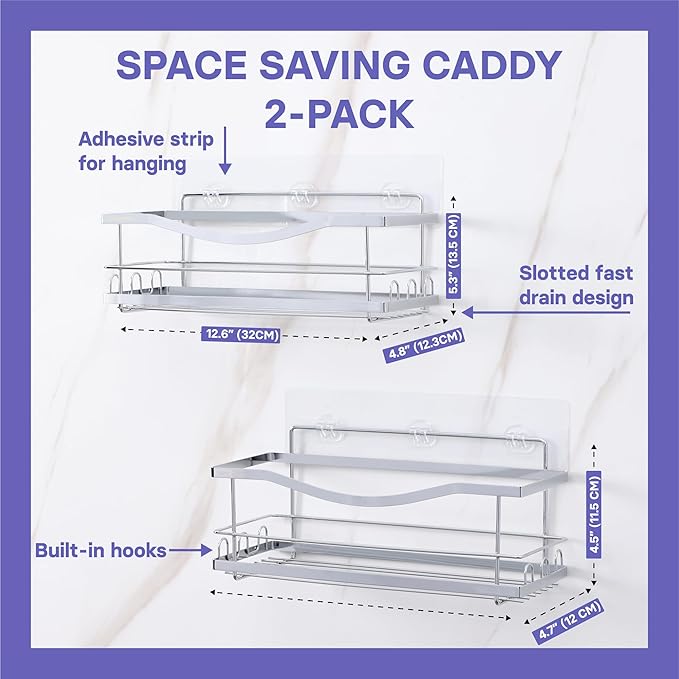 KINCMAX Iron Shower Caddies - Self Adhesive Bathroom Shelves for Showers - Wall Organizer Shampoo Holder Shelf - Peel and Stick On Caddy Bath Tub Rack - Pack of 2 Holders - Silver