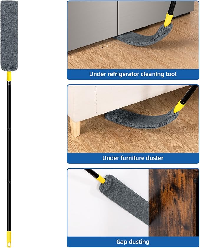 Qaestfy Under Appliance Cleaning Tool with Long Handle, 2 Reusable Microfiber Pads, 5 Disposable Dusting Cloths, Retractable Flat Gap Duster (30-63”) for Behind Fridge, Washer, Bed, Furniture