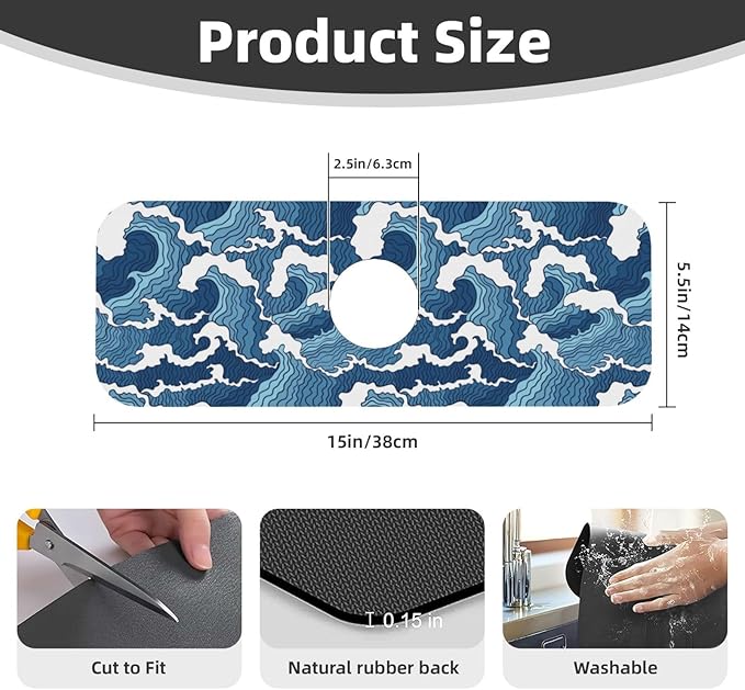 Japanese Wave Kanagawa Blue And White Waves Japan Kitchen Sink Splash Guard Faucet Mat Super Absorbent Fast Drying Mat Sink Gadgets-Fast Drying Pad Sink Mat For Kitchen Bathroom (15" X 5.5" )