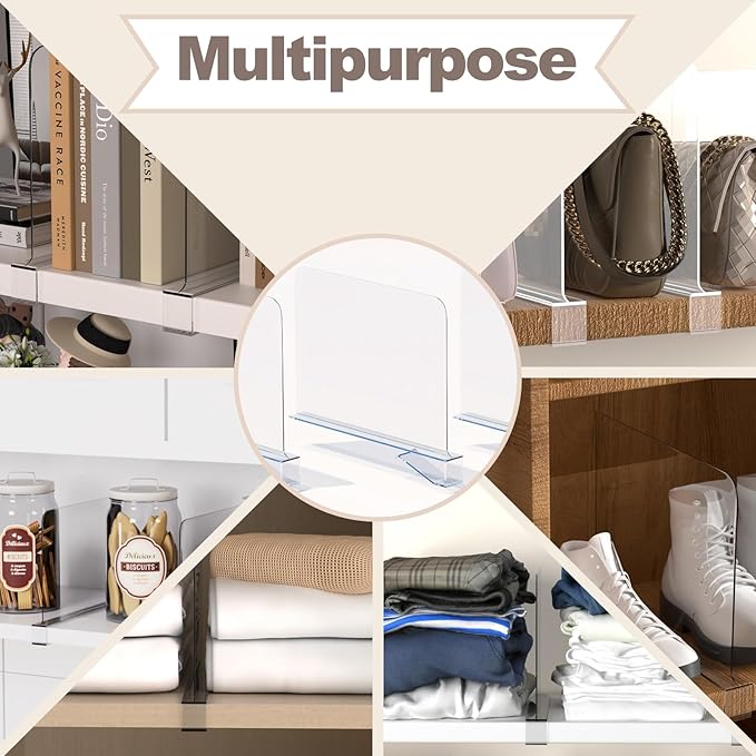 4PCS Acrylic Shelf Dividers for Closet Organization,Clear Closet Dividers for Shelves,Vertical Purse Organizer for Closet,Cabinets,Wardrobes,Bookcases
