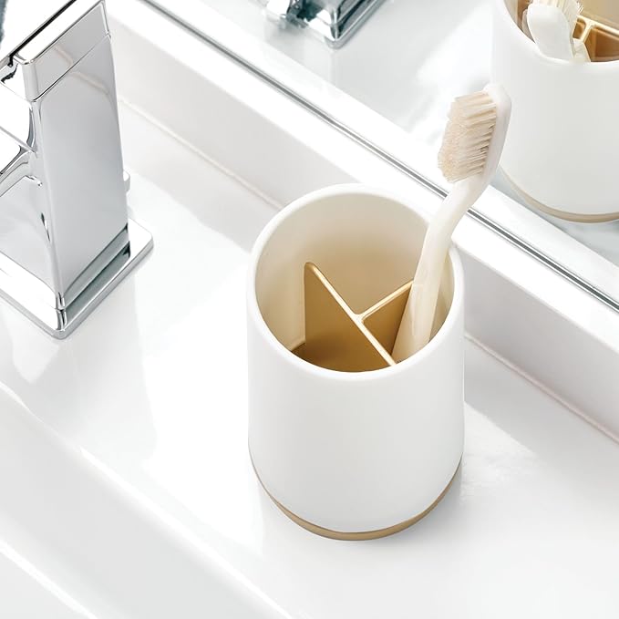 iDesign Toothbrush Holder with 3 Divided Sections for Bathroom or Vanity - Matte White/Gold