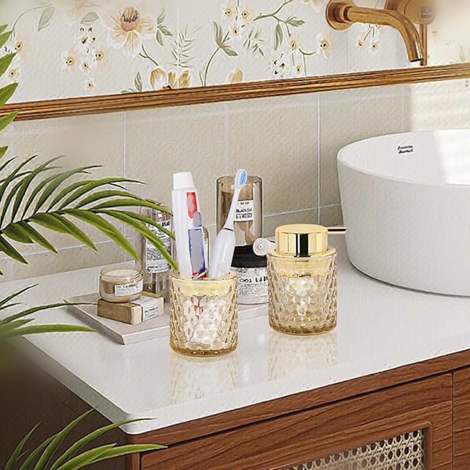 Bathroom Accessories 2 Piece Set Glass Soap Dispenser and Toothbrush Holder, 10oz Foaming Soap Dispenser, Amber Toothbrush and Toothpaste Holder Organizer Cup for Modern Bathroom Decor