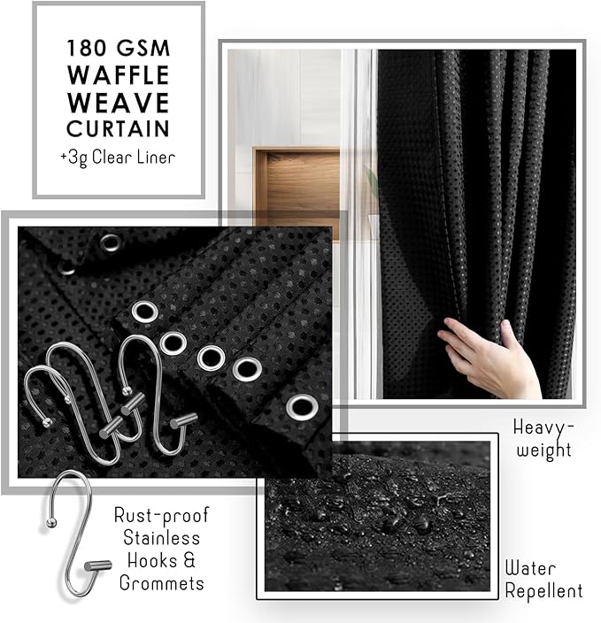Clara Clark Bathroom Accessories Set - Bathroom Set, Bathroom Sets with Shower Curtain and Rugs, Shower Curtain Set with Bathroom Trash Can - Black - 22PC