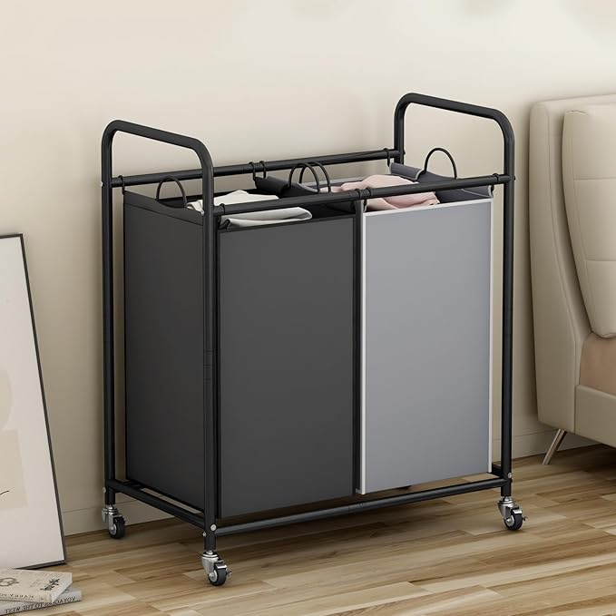 SUOERNUO Laundry Hamper Basket 2 Bag Laundry Sorter Cart with Rolling Lockable Wheels and Removable Bags Laundry Organizer Cart for Clothes Storage