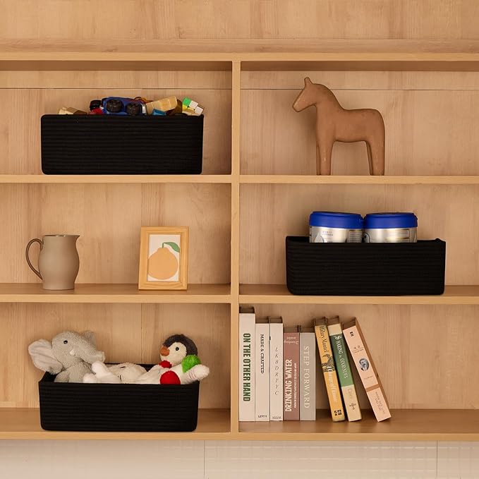 Large Shallow Organizing Baskets 15x11x5.1 Inches - Rope Woven Storage Bins for Bathroom, Shelves, Cube Closet, Black 4 Packs