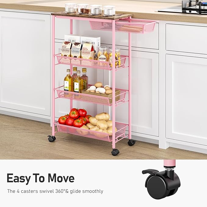 KINGRACK 4-Tier Slim Storage Cart, Metal Rolling Cart, Organizer with Wooden Tabletop and Drawer Basket, Mobile Shelving Unit for Kitchen, Bathroom, Laundry Room, Pink