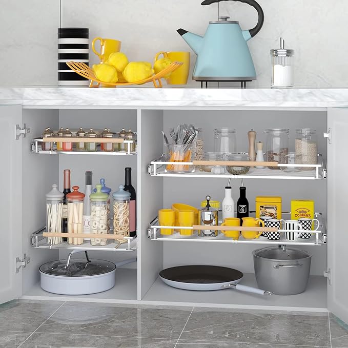 Pull Out Cabinet Organizer, 17.1~28"W x 22.5"D Expandable Pull Out Shelves for Kitchen Cabinets, Heavy Duty Metal Slide Out Pantry Shelves Sliding Shelf for Home Kitchen,Under Sink,Bathroom,Wardrobe