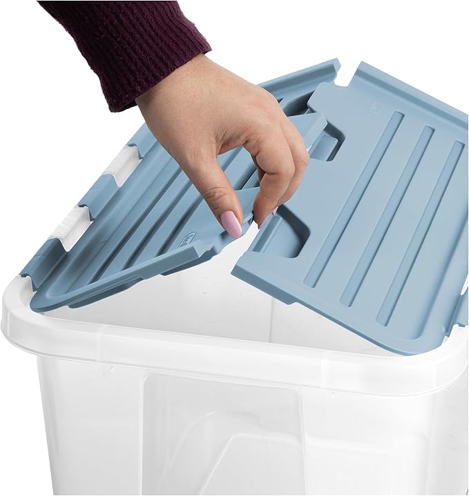 Sterilite 18 Pack Hinged Lid Storage Box, 30 Qt Plastic Container, Washed Blue - Home Organizer Tote for Storing Shoes, Crafts, Clothing, or Decor