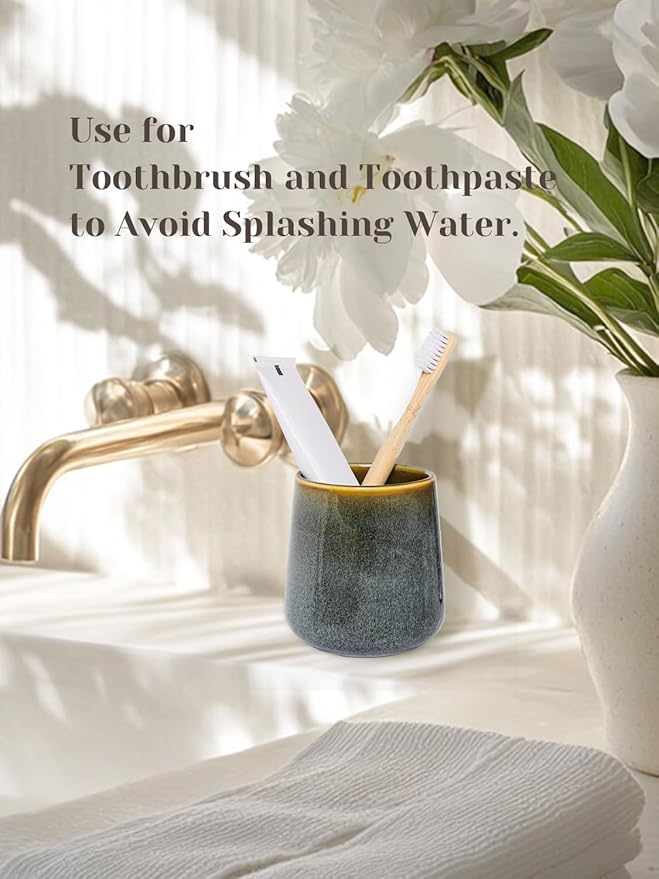 INGOFIN Ceramic Toothbrush Holder Cup, 12 oz Toothpaste Holder for Bathroom Vanity and Countertop, Organizer for Cosmetic, Makeup, Office Pencils, for Hotel Apartment, Kiln-Glazed
