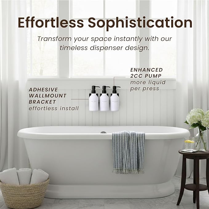 MaisoNovo Shampoo and Conditioner Dispenser - Shower Soap Dispenser Wall Mounted - 16.9 fl oz Set of 3 White Plastic Bottles Black Plastic Pump - 3 Chamber No Drill