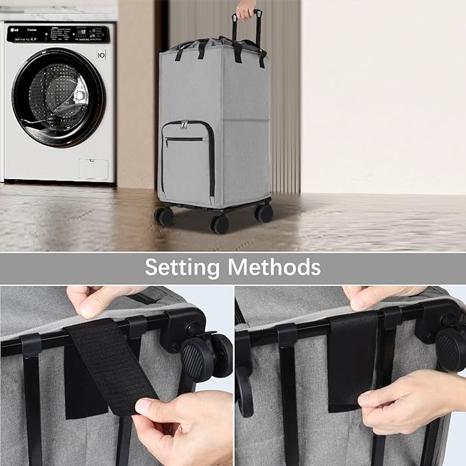 Bukere Rolling Laundry Hamper with Wheels, Large 90L Freestanding Collapsible Laundry Basket Bag for Clothes Storage, Heavy Duty Removable Wheeled Cart for College Dorm Apartment Laundry Room Bathroom