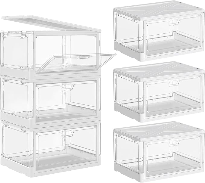 SNSLXH Clear Storage Bins with Lids, Stackable Storage Bins with Magnetic Doors Open Front, Plastic Storage Bins for Living Room, Bedroom, Study Room and Office, 3 Packs, 24QT