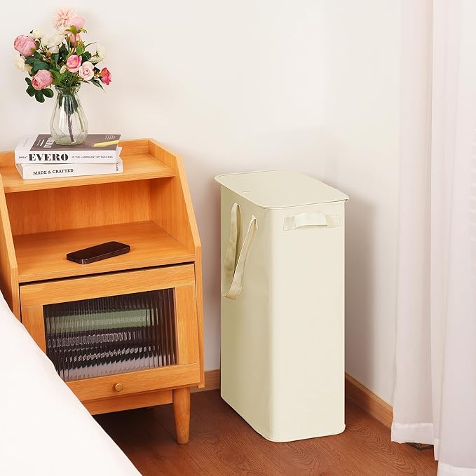 efluky Slim Laundry Basket with Lid, Narrow Laundry Hamper with Handles, Collapsible Dirty Clothes Hamper, Tall Laundry Bin for Laundry Room, Dorm and Bedroom, 55L Beige