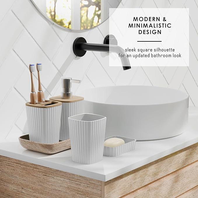 Clara Clark Bathroom Set - White Bathroom Accessories Set, 6PC Bathroom Accessory Set, Bathroom Sets with Bathroom Rugs, Adhesive Corner Shower Caddy Hanging, Toilet Brush, Trash Can & Soap Dispenser