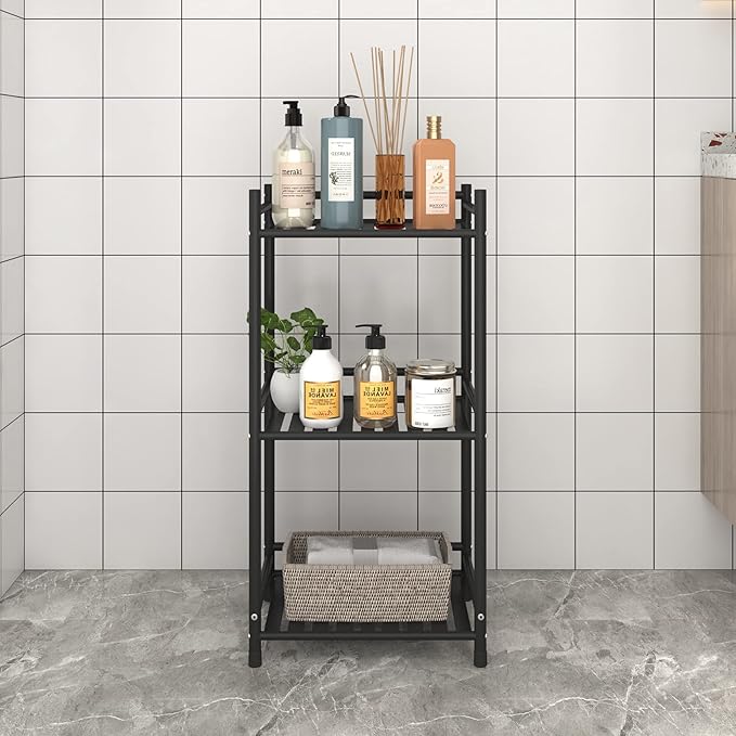 3 Tier Bathroom Storage Open Shelf Unit, Free-Standing Metal Corner Rack Shelving for Kitchen, Living Room, Hallway (Matte Black, 3 Tier)