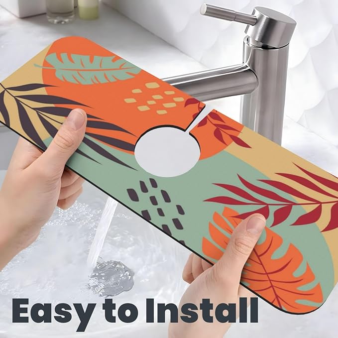 Boho Bohemian Abstract Floral Leaves Kitchen Sink Splash Guard Faucet Mat Super Absorbent Fast Drying Mat Sink Gadgets-Fast Drying Pad Sink Mat For Kitchen Bathroom (15" X 5.5" )