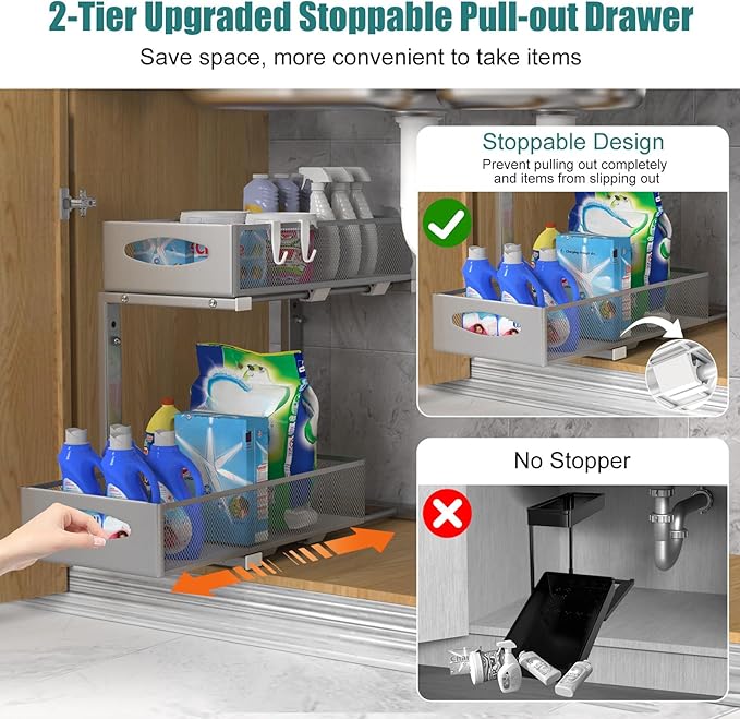 Housolution 2 Pack Under Sink Organizer, 2 Tier Metal Pull Out Under Sink Storage with Sliding Mesh Drawers, Height Adjustable Slide Out Under Sink Organizer for Kitchen Bathroom Cabinet, Gray