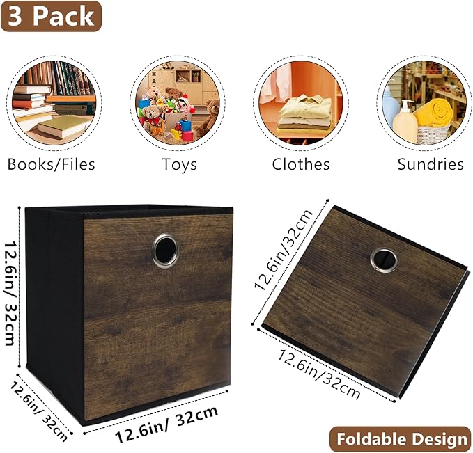 Decorative Cube Storage Bin with Wood Grain,Thickened Fabric Storage Cube Box Sturdy Cube Organizer Basket,Foldable Space Saving Bin for Shelves,Home,Office,Nursery,Dorm Room,3 Pack (12.6x12.6x12.6in)
