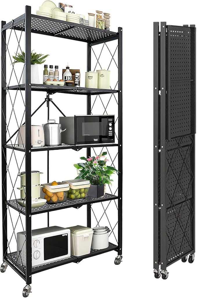 5-Tier Heavy Duty Foldable Metal Rack Storage Shelving Units 28" W x 14" D x 65" H for Kitchen Bakers Closet, Metal Wire,with Wheels Moving Easily