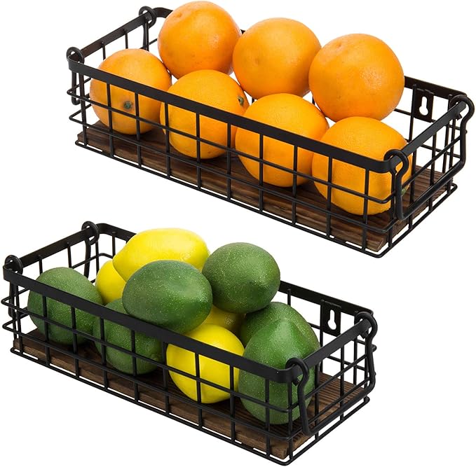 MyGift Set of 2 Black Wire Baskets for Organizing – Storage Baskets/Pantry Baskets for Shelves & Wall