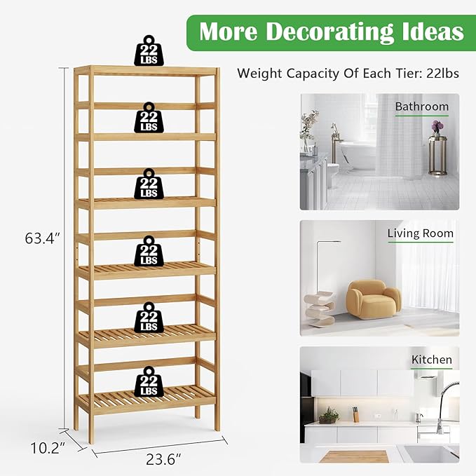 Bamboo Rack, Adjustable Bamboo Shelf, Stand Utility Storage Shelf Multifunctional Bathroom Kitchen Living Room Holder Plant Flower Stand (6-Tier)
