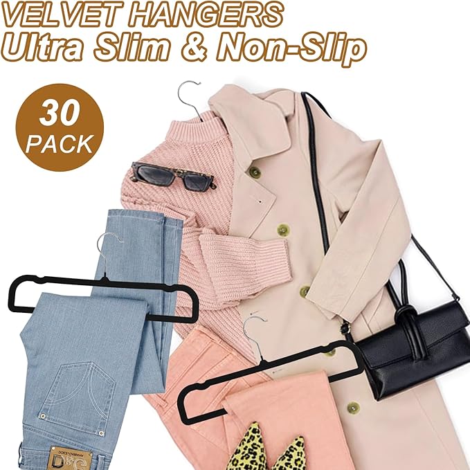 Velvet Pants Hangers Non Slip, 30 Pack Velvet Hangers for Closet with 30 Hooks, Strong Durable Space Saving Slim Clothes Hanger, Ultra Thin Flocked Hanger for Pants, Shirts, Bra, Shorts (Black)