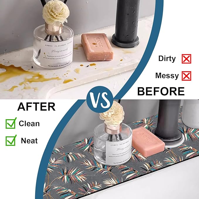Ceramic Texture Sink Splash Guard Kitchen Tiles Faucet Absorbing Mat Fast Drying Mat Sink Gadgets Splash Guard Behind Faucet Drip Catcher for Kitchen Bathroom, 23.5"x5.5"