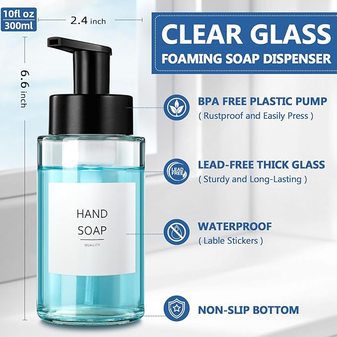 Foaming Soap Dispenser, 10 oz/300ml Foaming Hand Soap Dispenser, 3 Pack Glass Foaming Soap Dispenser for Bathroom & Kitchen, Clear Refillable Foam Soap Dispenser Bottle with Waterproof Labels