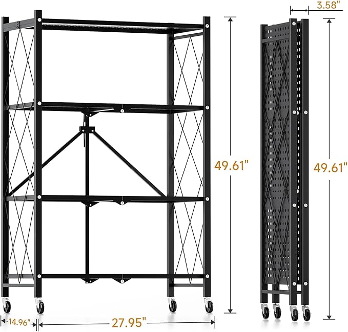 HealSmart 4-Tier Heavy Duty Foldable Metal Rack Storage Shelving Unit with Wheels Moving Easily Organizer Shelves Great for Garage Kitchen Holds up to 1000 lbs Capacity, Black,2 Pack