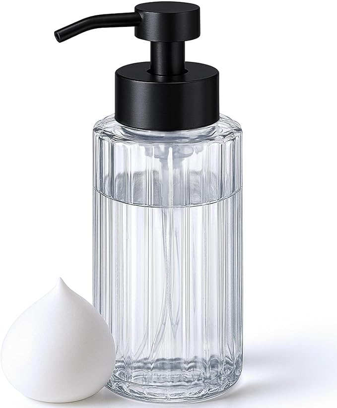 JASAI 16Oz Glass Foaming Soap Dispenser with Black Rust Proof Pump, Refillable Foam soap Dispenser with Thick Glass, Foaming Hand Soap Dispenser for Bathroom & Kitchen（Black）