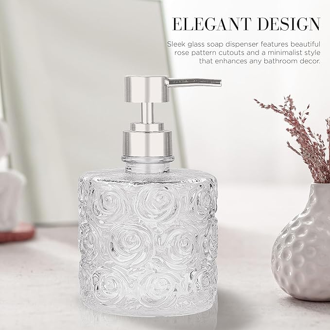 Marcella Glass Soap Dispenser with Soap Pump, Refillable 14 Ounce Capacity, Floral Design Rose Patterns, Heavy Weight Thick Glass for Bathroom, Premium Kitchen Soap Dispenser Clear