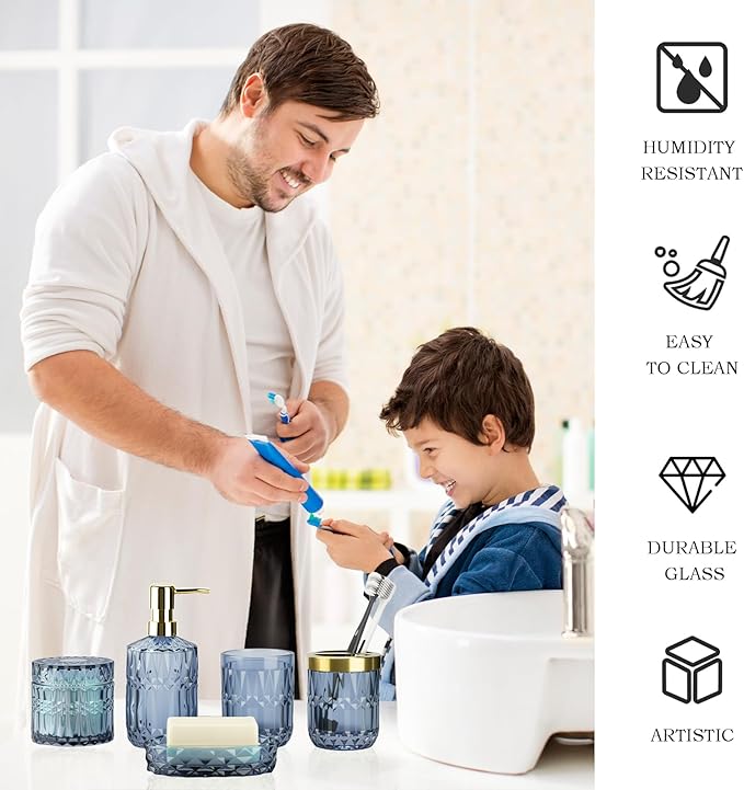 Blue Bathroom Accessories Set, 5Pack Clear Glass Bathroom Accessories, Includes Lotion Soap Dispenser, Toothbrush Holder, Qtip Holder and Soap Dish, Vintage Bathroom Decor