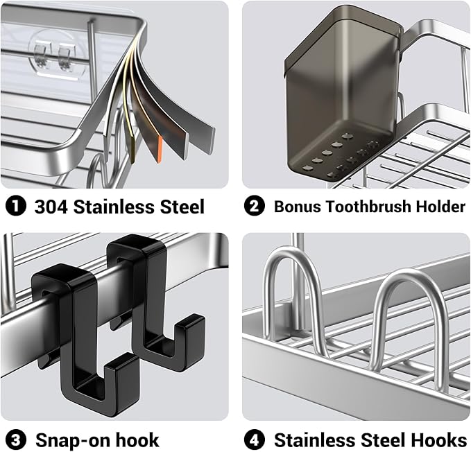 Corner Shower Caddy Shelf Rack: 2 Pack Adhesive Shower Organizer Essentials - No Drilling Stainless Steel Bathroom Storage Rack with Hooks and Toothpaste Holder