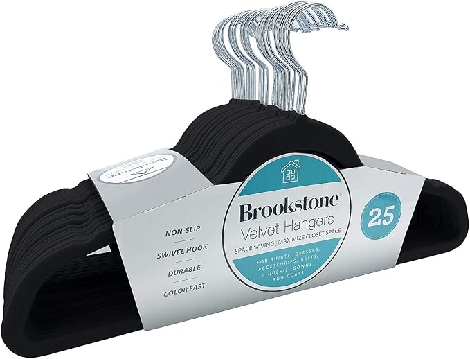BROOKSTONE [25 Pack] Velvet Hangers, [Non-Slip] 360° Swivel Hook, Lightweight & Slim, Strong & Durable, Space Saving Design, Heavy Duty, Won’t Stain Fabric