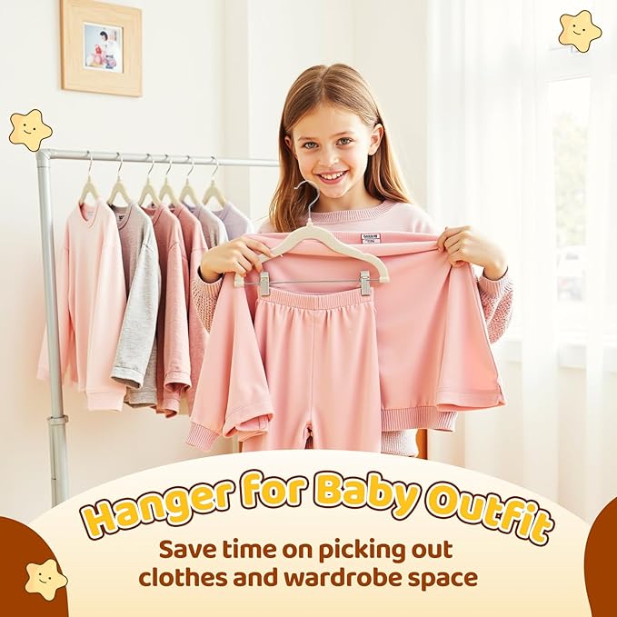 Flottian 36-Pack Baby and Kids Velvet Hangers with Clips, Non Slip and Space-Saving Kids Pants Hangers for Baby/Toddler Pants, Skirts, Coats, Beige