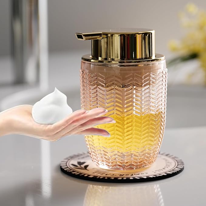 Glass Foam Soap or Lotion Dispenser - Refillable Liquid Dispenser with Large Gold Pump - Barrel Pattern in Pink