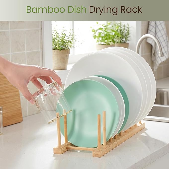 4 Pack Bamboo Wooden Dish Rack-Plate Pot Lid Cutting Board Organizer Holder Rack for Cabinet-Kitchen Cabinet Organizer for Dish, Pots, Lids, Bowls, Bottles, Books, and Puzzle
