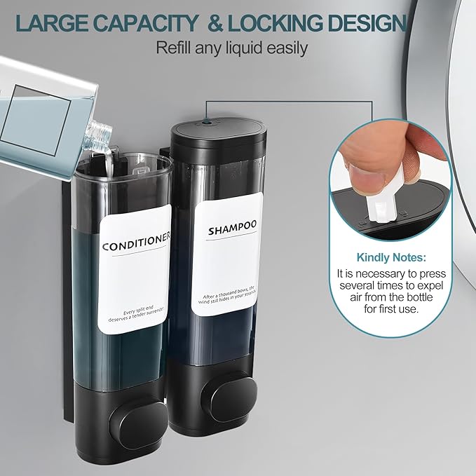 2 Pack Shampoo and Conditioner Dispenser Set, Shower Soap Dispenser 2 Chamber No Drill Wall Mounted, Body Wash Dispenser for Shower Wall Mounted with Large Capacity, Elegant for Bathroom Hotel Use