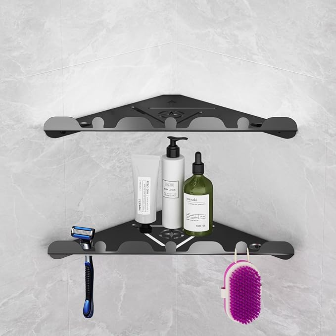 LLLFTJ 2 Pack Corner Shower Shelf, 10" 304 Stainless Steel Modern Corner Shower Shelf for Inside Shower, Heavy Duty Shower Caddy Organizer with Razor Hole, Drilling Installation (Black, 10")