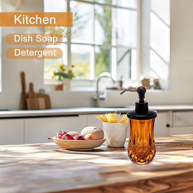 9Oz Amber Glass Soap Dispenser with Matte Black Zinc Alloy Pump,Lead-Free Thick-Cut Glass,Countertop Soap Dispensers for Bathroom & Kitchen,Round