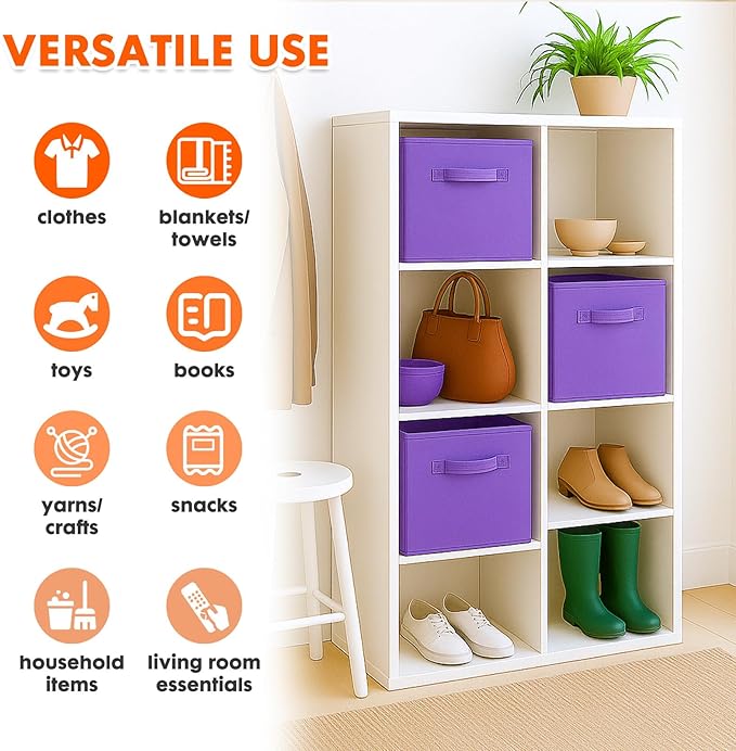 PowerKing Collapsible Storage Cubes with Handles, Fabric Foldable Bins for Closet Shelves, Durable Organization Storage Bins, 10.5'' x 11'' x 10.5'' (6Pack, Violet)