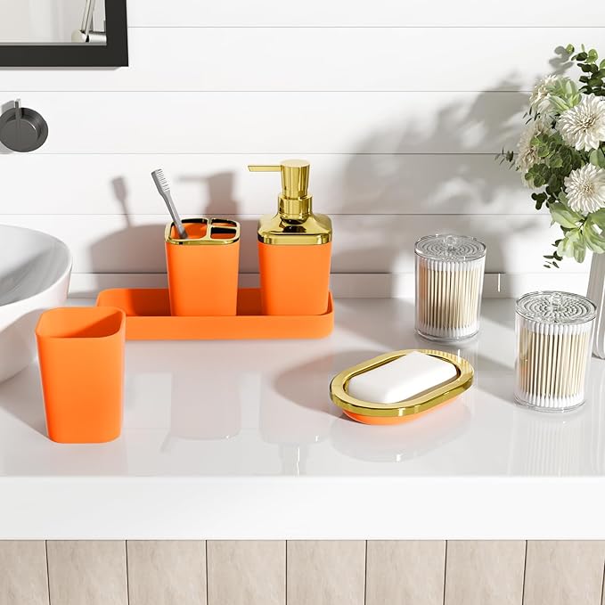 Bathroom Set - Orange Bathroom Sets with Shower Curtain and Rugs, 24PCS Shower Curtain Set with Hooks, Soap Dispenser, Soap Dish, Toilet Brush Holder and Trash Can for Housewarming