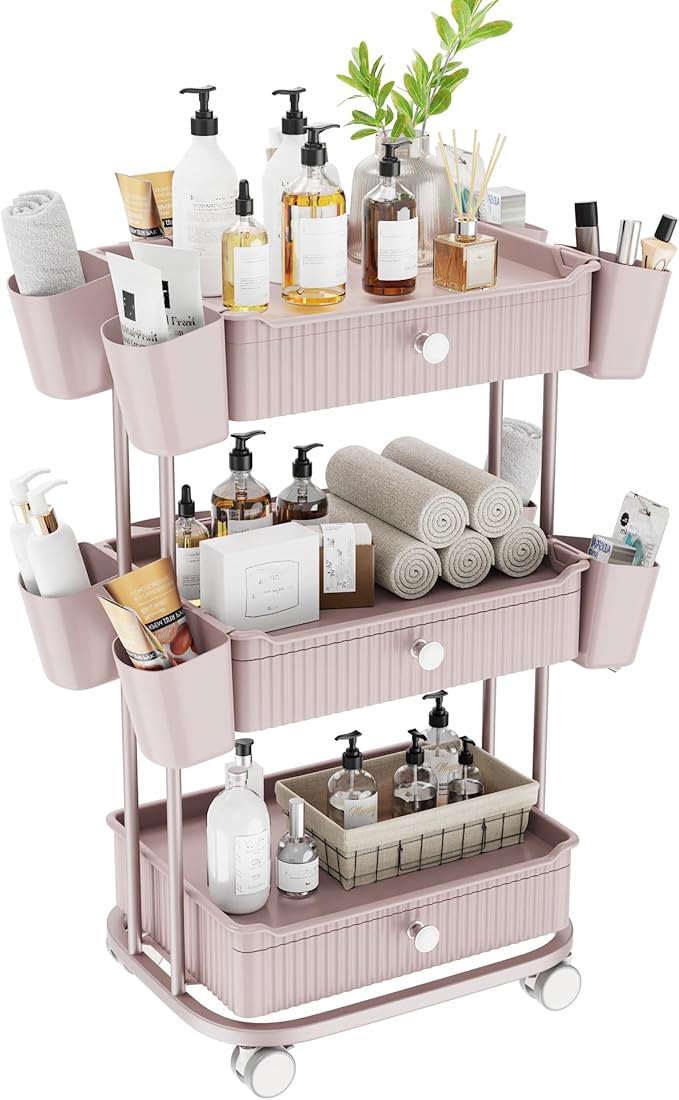 3 Tier Drawer Shelf Beauty Cart with 12 Movable Storage Organizer, Thickened Durable ABS, 360° Wheels for Salon Station for Hair Stylist, Beauty Salon, Spa Massage Parlor, Makeup Organizer - Pink