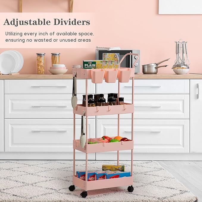 Danpinera 4-Tier Pink Slim Storage Cart, Narrow Laundry Cart with Wheels, Dividers, Hanging Cups, Hooks, Easy Assembly