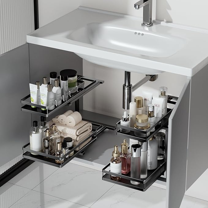 2 Pack Under Sink Organizers and Storage, Heavy Duty Metal Pull Out Cabinet Organizer with Ball-Bearing Slides, Height Adjustable L-Shaped Shelf for Kitchen & Bathroom (2-Pack)